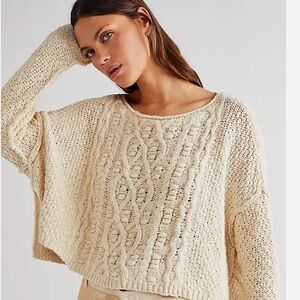 Free People Changing Tides Cream Cable Knit Cropped Slouchy Sweater. Size M